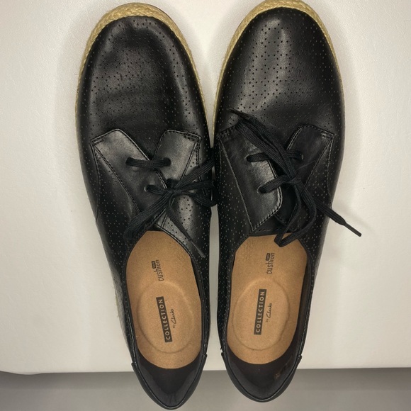 Clarks Womens Marie Mist Espadrille Sneakers Shoes Black Leather Lace Up Sz 12M - Picture 2 of 5